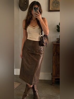 Brown Genuine Leather Midi Skirt High Waist Straight Size 9 Vintage